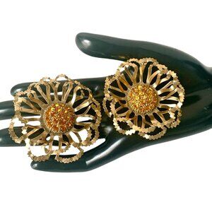 Large Clip On Earrings Gold Rhinestones Retro Sarah Coventry